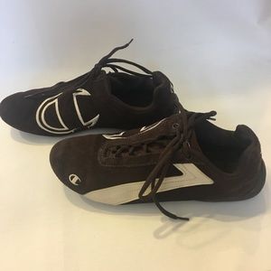 Champion leather Sneakers | Chocolate Brown Suede & White Stripe detail | size 9